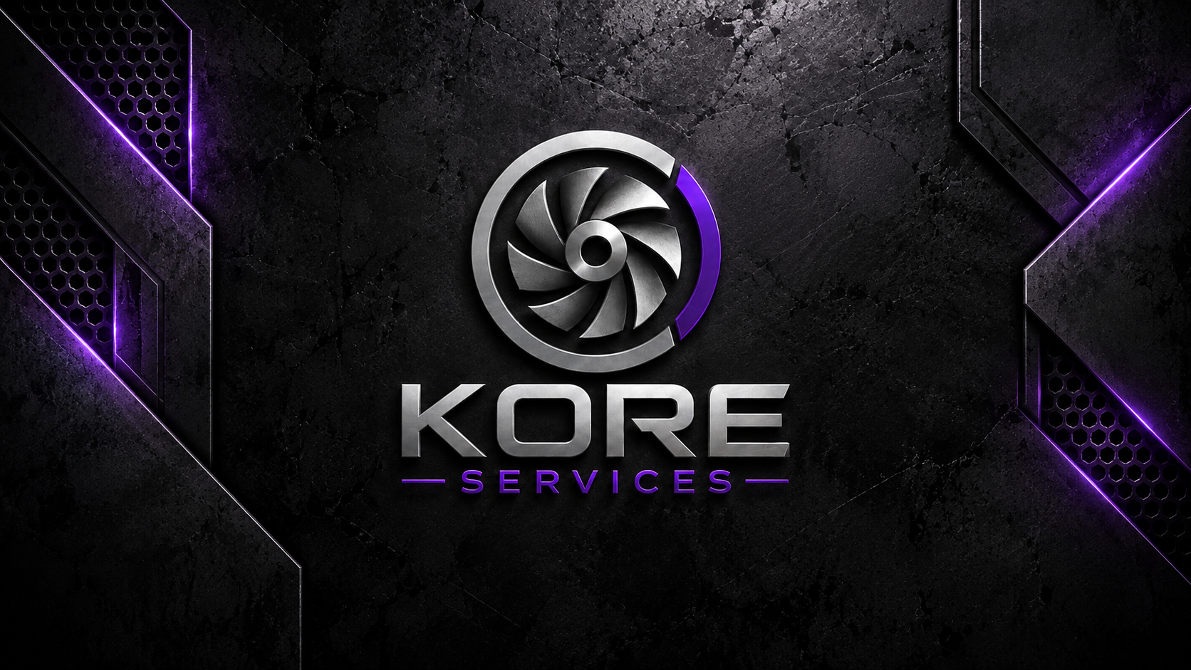 Imagem original da marca Kore Services sobre fundo industrial preto e roxo